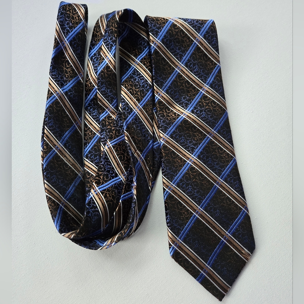 PRONTO UOMO Couture Tie Silk Designer Geometric Blue Gold Handmade 62"